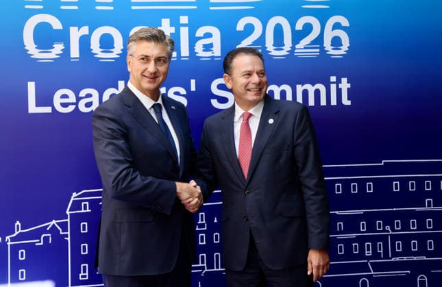EU MED9 Prime Minister of Croatia Andrej Plenkovic welcomes Prime Minister of Potugal Luis Montenegro for EU MED9 summit at Split, Croatia on October 7, 2026.  IvoxCagalj PIXSELL