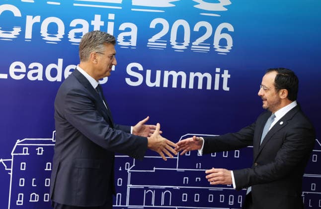 EU MED9 Prime Minister of Croatia Andrej Plenkovic welcomes President of Republic of Cyprus Nikos Christodoulides for EU MED9 summit at Split, Croatia on October 7, 2026.  IvoxCagalj PIXSELL