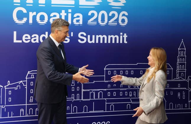 EU MED9 Prime Minister of Croatia Andrej Plenkovic welcomes Prime Minister of Italy Giorgia Meloni for EU MED9 summit at Split, Croatia on October 7, 2026.  IvoxCagalj PIXSELL