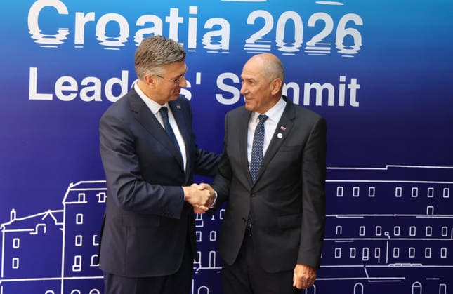 EU MED9 Prime Minister of Croatia Andrej Plenkovic welcomes Prime Minister of Slovenia Janez Jansa for EU MED9 summit at Split, Croatia on October 7, 2026.  IvoxCagalj PIXSELL
