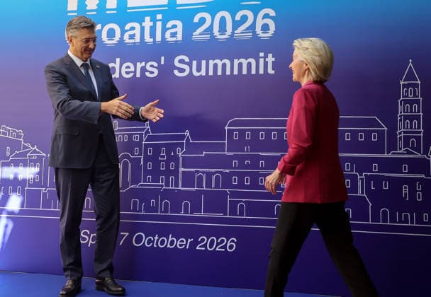 EU MED9 Prime Minister of Croatia Andrej Plenkovic welcomes President of the European Commission Ursula von der Leyen for EU MED9 summit at Split, Croatia on October 7, 2026.  IvanaxIvanovic PIXSELL