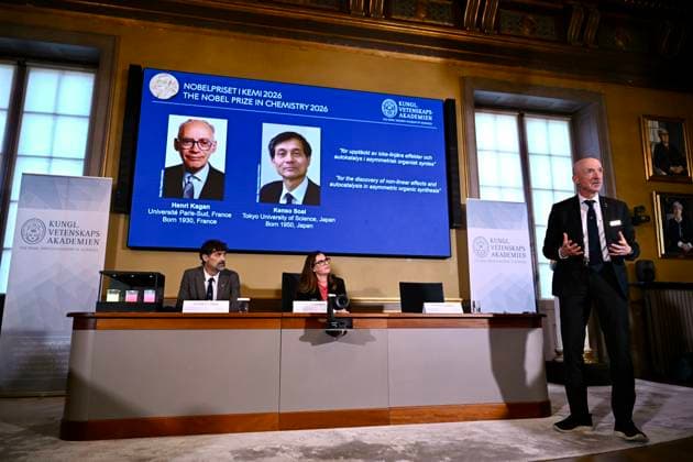 (261007) -- STOCKHOLM, Oct. 7, 2026 -- The 2026 Nobel Prize in Chemistry is announced in Stockholm, Sweden, Oct. 7, 2026. Henri Kagan and Kenso Soai have been awarded the 2026 Nobel Prize in Chemistry for their discovery of non-linear effects and autocatalysis in asymmetric organic synthesis, the Royal Swedish Academy of Sciences announced on Wednesday. ) SWEDEN-STOCKHOLM-NOBEL PRIZE IN CHEMISTRY-WINNERS LyuxYou 