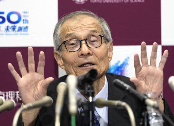 Nobel chemistry prize co-winner Soai Kenso Soai, a professor emeritus at the Tokyo University of Science, attends a press conference at the university in Tokyo on Oct. 7, 2026, after receiving the 2026 Nobel Prize in Chemistry. Soai and French researcher Henri Kagan shared the prize for the discovery of non-linear effects and autocatalysis in asymmetric organic synthesis, the Royal Swedish Academy of Sciences said earlier in the day.  A14AA0005630368P