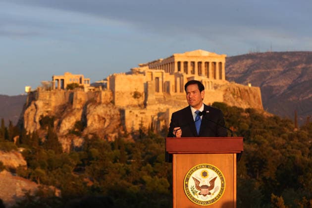 US Secretary of State visits Athens - US Secretary of State Marco Rubio delivers a speech on the Pnyx hill with the Acropolis in the background in Athens, Greece, 07 October 2026. Marco Rubio is visiting Athens for the launch of the 6th Greece-US Strategic Dialogue, focusing on defense, energy, and regional cooperation. ATHENS Greece Copyright: xOnexInchxProductionsx 7112525
