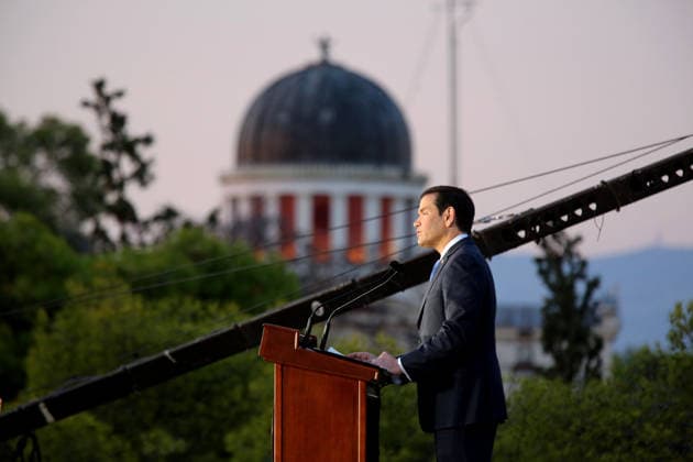 US Secretary of State visits Athens - US Secretary of State Marco Rubio delivers a speech on the Pnyx hill with the Acropolis in the background in Athens, Greece, 07 October 2026. Marco Rubio is visiting Athens for the launch of the 6th Greece-US Strategic Dialogue, focusing on defense, energy, and regional cooperation. ATHENS Greece Copyright: xOnexInchxProductionsx 7112717
