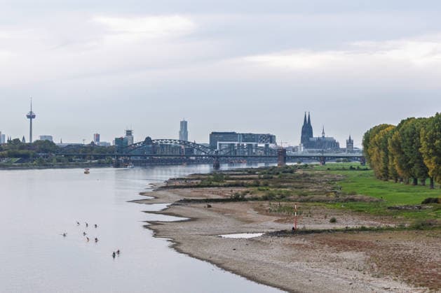 Niedrigwasser am Rhein: Blick von der Rodenkirchener Brücke (A4) auf die Kölner Skyline - 07.10.26 Blick von der Autobahnbrücke Rodenkirchen (A4) rheinabwärts auf die Kölner Skyline mit Dom, Kranhäusern, Kölnturm und Colonius sowie die Eisenbahn-Südbrücke. Im Rhein eine Gruppe Kajak Fahrende. Am Rand liegt das Flussbett trocken. Der Pegel Köln liegt mit 43 cm auf Rekordniveau, nur wenig über dem Tiefstwert von 40 cm. Ab Donnerstag leitet eine Regenfront den Herbst ein und bringt den Pegeln erste Entspannung. Köln Rodenkirchen Nordrhein-Westfalen Deutschland Copyright: xMarcxJohnx