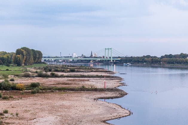 Niedrigwasser am Rhein: Trockenes Flussbett vor der Rodenkirchener Brücke (A4) - 07.10.26 Blick von der Eisenbahn-Südbrücke in Köln rheinaufwärts Richtung Süden auf die Rodenkirchener Autobahnbrücke (A4). Im Vordergrund liegt das Flussbett großflächig trocken. Der Pegel Köln liegt mit 43 cm auf Rekordniveau, nur wenig über dem Tiefstwert von 40 cm. Ab Donnerstag leitet eine Regenfront den Herbst ein und bringt den Pegeln erste Entspannung. Köln Südbrücke Nordrhein-Westfalen Deutschland Copyright: xMarcxJohnx