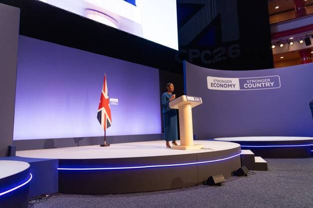 Conservative Party Conference, Day 4, The ICC Birmingham, UK - 07 Oct 2026 Leader of the Conservative Party Kemi Badenoch gives her keynote speech at the International Convention Centre on the final day (day four) of the Conservative Party Conference at the International Convention Centre in Birmingham. The Conservative Party leader, Kemi Badenoch s gives her keynote speech at the International Convention Centre on the final day (day four) of the Conservative Party Conference at the International Convention Centre in Birmingham. The Conservative Party opened its annual conference under the slogan Stronger economy, stronger country Birmingham United Kingdom Copyright: xPhilxLewisx xSOPAxImagesx Phil-Lewis-1456683