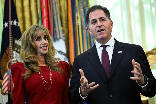 WASHINGTON, DC - OCT. 7: Michael S Dell, founder, chairman, and CEO of Dell Technologies, right, speaks during an announcement with United States President Donald J Trump on Trump Accounts in the Oval Office of the White House in Washington, DC, USA, on Wednesday, October 7, 2026. Looking on from left is Susan Dell, wife of Dell Technologies CEO Michael Dell. Copyright: xAnnabellexGordon PoolxviaxCNPx MediaPunchx