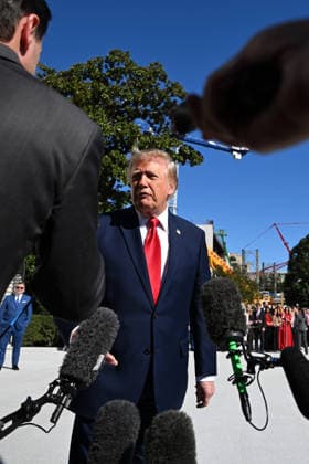WASHINGTON, DC - OCT. 7: United States President Donald J Trump speaks to the press outside the South Portico of the White House in Washington, DC, USA, prior to departing en route to a campaign rally in San Antonio, Texas on Wednesday, October 7, 2026. Copyright: xAnnabellexGordon PoolxviaxCNPx MediaPunchx