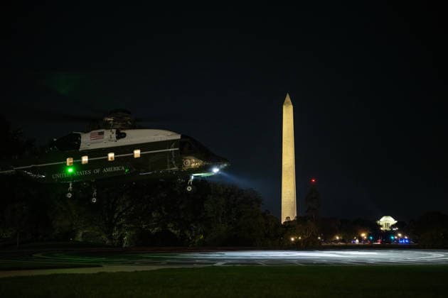 October 8, 2026, Washington, District Of Columbia, United States: President DONALD TRUMP arrives back at the White House aboard Marine One following a trip to San Antonio, Texas, where he attended a campaign rally ahead of the November midterm elections. Washington United States  - ZUMAk206 20261008_znp_k206_001 Copyright: xMattxKaminskyx