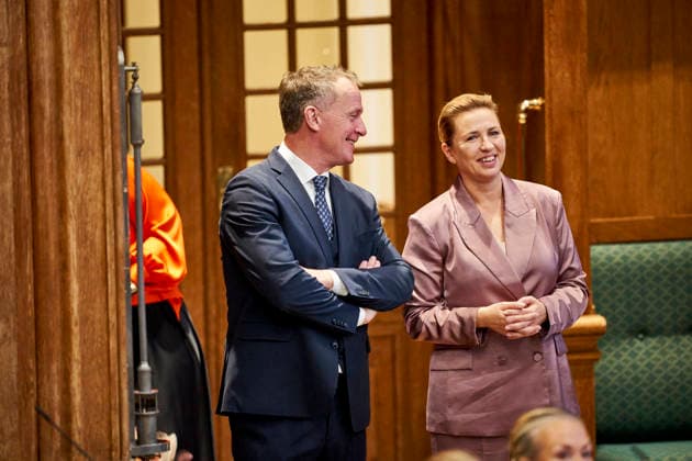 Opening debate in the Danish Parliament Kim Edberg Andersen, The Danish Democrats and Prime Minister Mette Frederiksen, The Social Democratic Party during the opening debate of the Danish Parliament in the Parliament Hall at Christiansborg on Thursday, October 8, 2026. , Copenhagen Denmark Copyright: RitzauxScanpix ThomasxTraasdahlx spdk20261008-112946-L