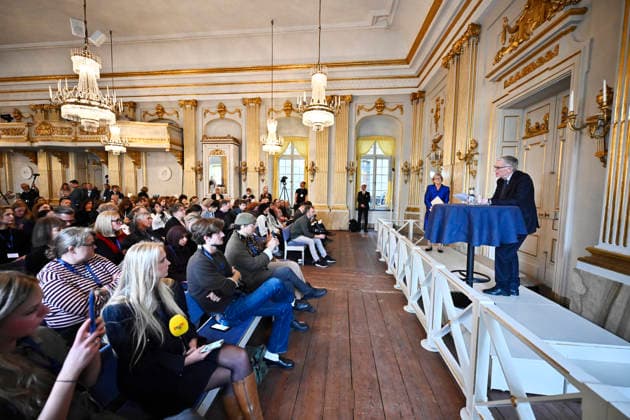 Ingrid Carlberg, Permanent Secretary of the Swedish Academy, announces that Canadian author Anne Carson has been awarded the 2026 Nobel Prize in Literature at Börshuset in Stockholm, Sweden, on October 8, 2026. STOCKHOLM, SWEDEN x10430x  Copyright: xChristinexOlsson TTx NOBEL PRIZE IN LITERATURE 2026 5OYjB_w8leE