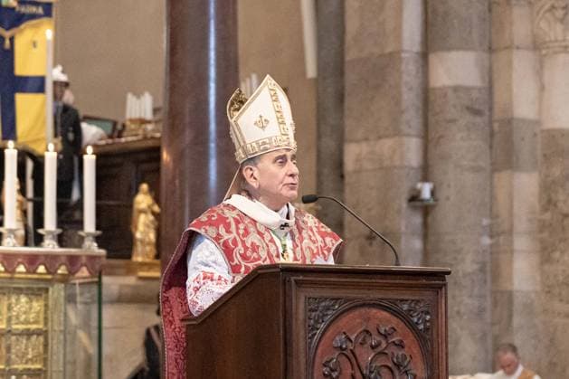 IPA89429929 - Milan, October 8, 26, Basilica of St. Ambrose, Eucharistic celebration marking the 25th anniversary of the Linate plane crash Pictured: Mario Delpini, Archbishop of Milan  Copyright: xGiuliaxSciaccax xGiuliaxSciaccax IPA89429929