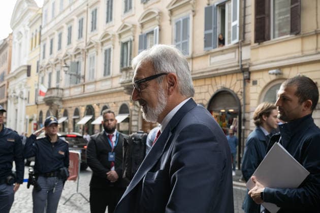 IPA89429513 - Lazio Region President Francesco Rocca upon arrival at the Teatro Sistina for the celebrations marking the 150th anniversary of *Corriere della Sera*, in Rome, Italy, on October 8, 2026. Flavio Brancaleone Fotogramma  Copyright: xFLAVIO_BRANCALONEx xx IPA89429513