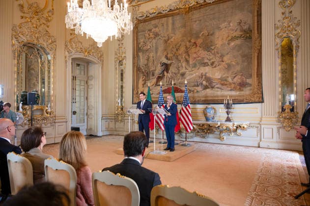 October 8, 2026, Lisbon, Lisbon, Portugal: U.S. Secretary of State MARCO RUBIO speaks at a lectern during a joint press conference with Portuguese Minister of State and Foreign Affairs PAULO RANGEL at Palacio das Necessidades in Lisbon, Portugal, on October 8, 2026. The media appearance follows their bilateral meeting during RUBIO s visit to advance defense, economic and technology cooperation. Lisbon Portugal - ZUMAr238 20261008_zip_r238_002 Copyright: xRicardoxRochax