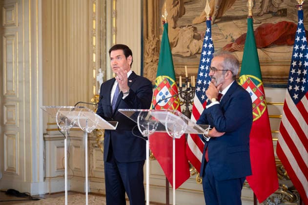 October 8, 2026, Lisbon, Lisbon, Portugal: U.S. Secretary of State MARCO RUBIO speaks and gestures at a lectern during a joint press conference with Portuguese Minister of State and Foreign Affairs PAULO RANGEL at Palacio das Necessidades in Lisbon, Portugal, on October 8, 2026. The media appearance follows their bilateral meeting during RUBIO s visit to advance defense, economic and technology cooperation. Lisbon Portugal  - ZUMAr238 20261008_zip_r238_003 Copyright: xRicardoxRochax