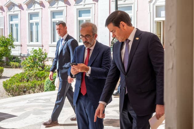 October 8, 2026, Lisbon, Lisbon, Portugal: U.S. Secretary of State MARCO RUBIO, right, and Portugal s Minister of State and Foreign Affairs PAULO RANGEL enter their joint press conference at the Palacio das Necessidades in Lisbon, Portugal, on October 8, 2026. RANGEL checks his phone as the two officials arrive for the media appearance following their bilateral meeting. Lisbon Portugal  - ZUMAr238 20261008_zip_r238_005 Copyright: xRicardoxRochax