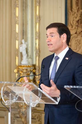 October 8, 2026, Lisbon, Lisbon, Portugal: U.S. Secretary of State MARCO RUBIO speaks and gestures at a lectern during a joint press conference with Portuguese Foreign Minister PAULO RANGEL at Palacio das Necessidades in Lisbon, Portugal, on October 8, 2026. The media appearance follows their bilateral meeting during RUBIO s visit to advance defense, economic and technology cooperation. Lisbon Portugal  - ZUMAr238 20261008_zip_r238_013 Copyright: xRicardoxRochax