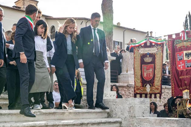 IPA89434820 - ASCOLI PICENO, ITALY OCTOBER 8, 2026: Prime Minister Giorgia Meloni attends the presentation and inauguration ceremony for the Palazzo Saladini Pilastri complex and its monumental park in Ascoli Piceno. The restoration project is part of the PINQuA program for urban regeneration and the enhancement of the city™s historical heritage. (Photo: Andrea Vagnoni IPA Agency)  Copyright: xAndreaxVagnonix xx IPA89434820