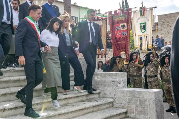 IPA89434821 - ASCOLI PICENO, ITALY OCTOBER 8, 2026: Prime Minister Giorgia Meloni attends the presentation and inauguration ceremony for the Palazzo Saladini Pilastri complex and its historic park in Ascoli Piceno. The restoration project is part of the PINQuA program for urban regeneration and the enhancement of the city™s historical heritage. (Photo: Andrea Vagnoni IPA Agency)  Copyright: xAndreaxVagnonix xx IPA89434821
