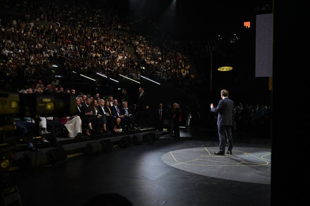 President Macron at Bpifrance Inno Generation - Paris France s President Emmanuel Macron delivers a speech on stage during the Bpifrance Inno Generation (BIG) event, one of Europe’s largest gatherings dedicated to entrepreneurs, in Paris, France on October 8, 2026. Photo by Jeanne Accorsini Pool ABACAPRESS.COM Paris France  Copyright: xAccorsinixJeanne Pool ABACAx