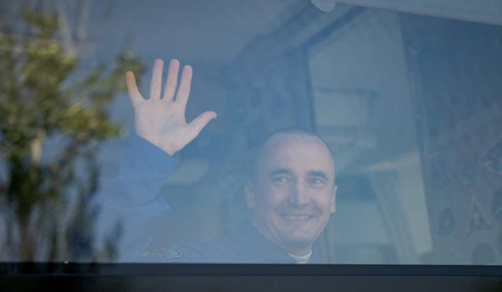 October 8, 2026, Baikonur, Kazakhstan: Baikonur, Kazakhstan. 14 July, 2026. Roscosmos cosmonaut Pyotr Dubrov waves from the bus as he and crewmates Anil Menon and Anna Kikina depart the Cosmonaut Hotel for suit-up, July 14, 2026 in Baikonur, Kazakhstan. The crew launched later that day to the International Space Station. Baikonur Kazakhstan - ZUMAp138 20261008_zaa_p138_068 Copyright: xBillxIngalls Nasax