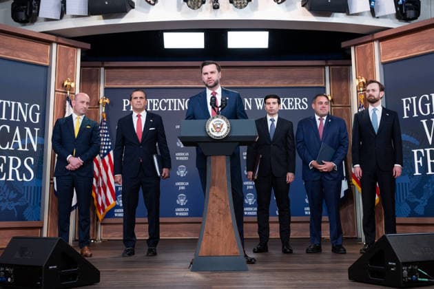 Vice President JD Vance gives remarks during an announcement in the South Court Auditorium of the Eisenhower Executive Office Building (EEOB) next to the White House in Washington, DC, on Thursday, October 8, 2026. The Trump administration said Thursday that it would suspend an immigration program for multiple tech firms, including Microsoft Corp., alleging widespread abuse of a worker visa system.  WASP20261008102 AaronxSchwartz
