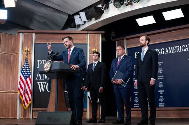 Vice President JD Vance gives remarks during an announcement in the South Court Auditorium of the Eisenhower Executive Office Building (EEOB) next to the White House in Washington, DC, on Thursday, October 8, 2026. The Trump administration said Thursday that it would suspend an immigration program for multiple tech firms, including Microsoft Corp., alleging widespread abuse of a worker visa system.  WASP20261008108 AaronxSchwartz