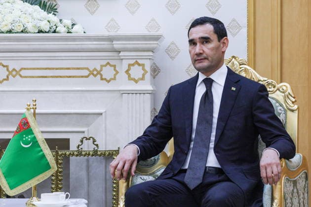 TURKMENISTAN, BALKAN PROVINCE - OCTOBER 8, 2026: Serdar Berdimuhamedow, President of Turkmenistan, attends a bilateral meeting with his counterpart Vladimir Putin in Turkmenbasy. Gavriil Grigorov Russian Presidential Press and Information Office TASS  98961312