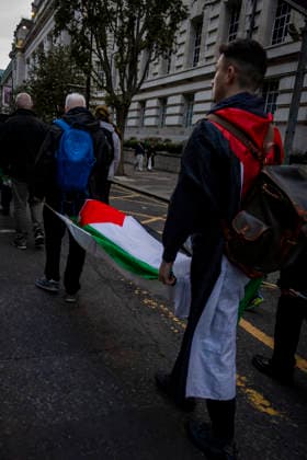 Pro-Palestine Silent Funeral Procession Central London, October 8, 2026 A pro-Palestine silent funeral procession took place in Central London, with demonstrators walking in silence to remember Palestinians killed in the conflict in Gaza. Participants carried Palestinian flags and placards, while some held a coffin and others carried effigies wrapped in burial shrouds, symbolising those killed in the conflict., Credit:Zak Irfan Avalon  Copyright: xZakxIrfanx xAvalonx 1141549614