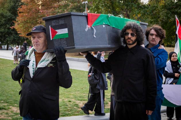 Pro-Palestine Silent Funeral Procession Central London, October 8, 2026 A pro-Palestine silent funeral procession took place in Central London, with demonstrators walking in silence to remember Palestinians killed in the conflict in Gaza. Participants carried Palestinian flags and placards, while some held a coffin and others carried effigies wrapped in burial shrouds, symbolising those killed in the conflict., Credit:Zak Irfan Avalon  Copyright: xZakxIrfanx xAvalonx 1141557244