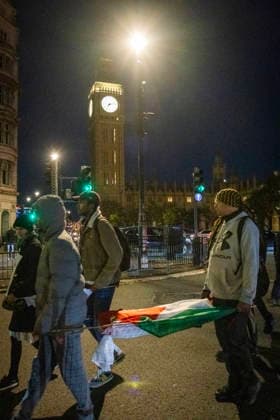 Pro-Palestine Silent Funeral Procession Central London, October 8, 2026 A pro-Palestine silent funeral procession took place in Central London, with demonstrators walking in silence to remember Palestinians killed in the conflict in Gaza. Participants carried Palestinian flags and placards, while some held a coffin and others carried effigies wrapped in burial shrouds, symbolising those killed in the conflict., Credit:Zak Irfan Avalon  Copyright: xZakxIrfanx xAvalonx 1141557276