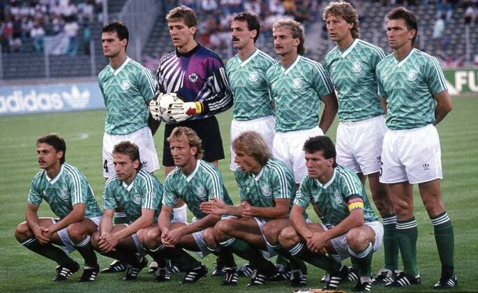FIFA World Cup WM Weltmeisterschaft Fussball - Italia 1990 (Italy 1990) 4.7.1990, Stadio Delle Alpi, Turin, Italy. Semi-final West Germany v England. West Germany line-up, back row: Thomas Berthold, Bodo Illgner, Jürgen Kohler, Rudi Völler, Guido Buchwald, Klaus Augenthaler. Front row: Olaf Thon, Thomas Häßler, Andreas Brehme, Jürgen Klinsmann, Lothar Matthäus. Noxthirdxpartyxsales (75034773)