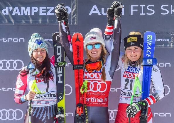 Sport Themen der Woche KW03 Sport Bilder des Tages 20.01.2019, Olympia delle Tofane, Cortina d Ampezzo, ITA, FIS Weltcup Ski Alpin, SuperG, Damen, Siegerehrung, im Bild Tina Weirather (LIE, zweiter Platz) Mikaela Shiffrin (USA, Siegerin) Tamara Tippler (AUT, dritter Platz) second place Tina Weirather of Liechtenstein winner Mikaela Shiffrin of the USA third place Tamara Tippler of Austria during the winner Ceremony of her run in the ladie s SuperG of FIS ski alpine world cup at the Olympia delle Tofane in Cortina d Ampezzo, Italy on 2019 01 20. Cortina d Ampezzo