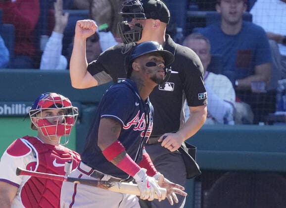 Atlanta Braves Ronald Acuna Jr. strikes out swinging in the first inning against the Philadelphia Phillies in game three of a National League Division Series at Citizens Bank Park in Philadelphia on Saturday, October 15, 2022. PHI20221015701 RAYxSTUBBLEBINE