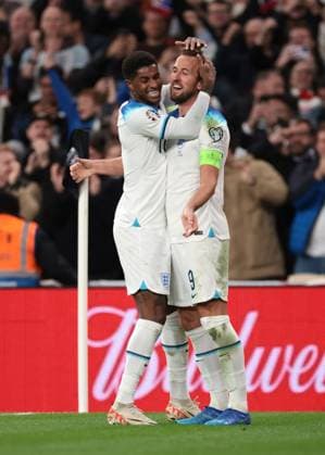 London, England, 17th October 2023. Harry Kane of England celebrates with team mate Marcus Rashford after scoring to give the side a 3-1 lead the UEFA European Championship, EM, Europameisterschaft Qualifying match at Wembley Stadium, London. Picture credit should read: Jonathan Moscrop Sportimage EDITORIAL USE ONLY. No use with unauthorised audio, video, data, fixture lists, club league logos or live services. Online in-match use limited to 120 images, no video emulation. No use in betting, games or single club league player publications. SPI-2650-0038