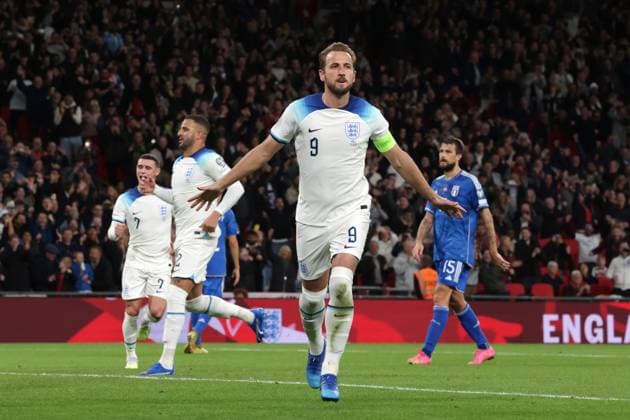 London, England, 17th October 2023. Harry Kane of England celebrates after scoring a first half penalty to level the game at 1-1 during the UEFA European Championship, EM, Europameisterschaft Qualifying match at Wembley Stadium, London. Picture credit should read: Jonathan Moscrop Sportimage EDITORIAL USE ONLY. No use with unauthorised audio, video, data, fixture lists, club league logos or live services. Online in-match use limited to 120 images, no video emulation. No use in betting, games or single club league player publications. SPI-2650-0102