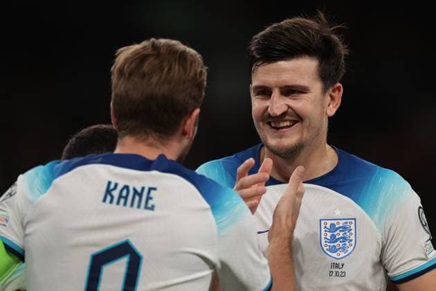 London, England, 17th October 2023. Harry Kane of England celebrates with team mate Harry Maguire after scoring a first half penalty to level the game at 1-1 during the UEFA European Championship, EM, Europameisterschaft Qualifying match at Wembley Stadium, London. Picture credit should read: Jonathan Moscrop Sportimage EDITORIAL USE ONLY. No use with unauthorised audio, video, data, fixture lists, club league logos or live services. Online in-match use limited to 120 images, no video emulation. No use in betting, games or single club league player publications. SPI-2650-0123