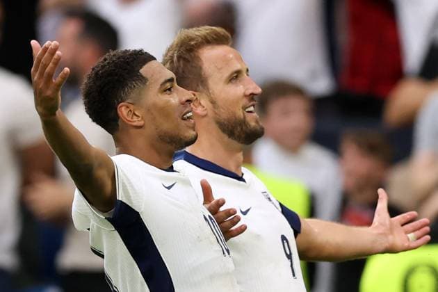 Bilder des Jahres 2024, Sport 06 Juni Sport Themen der Woche KW26 Sport Bilder des Tages EURO 2024, England - Slowakei Jude Bellingham of England celebrates his goal with Harry Kane England v Slovakia, UEFA European Championship, EM, Europameisterschaft 2024, Round of 16, Football, Arena AufSchalke, Gelsenkirchen, Germany - 30 Jun 2024 EDITORIAL USE ONLY No use with unauthorised audio, video, data, fixture lists, club league logos or live services. Online in-match use limited to 120 images, no video emulation. No use in betting, games or single club league player publications. Copyright: xPaulxCurrie Shutterstockx 14562219fn