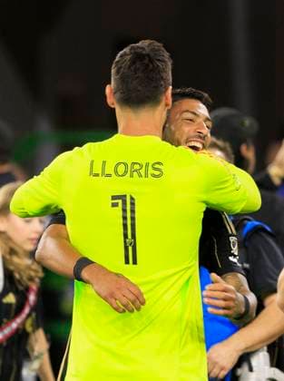 October 19, 2024, Los Angeles, California, USA: Goalkeeper, Hugo Lloris 1 and Denis Bouanga 99 of the Los Angeles Football Club celebrate after reaching 1 on the Western Conference standings after winning their regular season MLS, Fussball Herren, USA match against the San Jose Earthquakes on Saturday October 19, 2024 at the BMO Stadium in Los Angeles, California. LAFC defeats Earthquakes, 3-1. JAVIER ROJAS PI Los Angeles USA - ZUMAp124 20241019_zaa_p124_065 Copyright: xJavierxRojasx