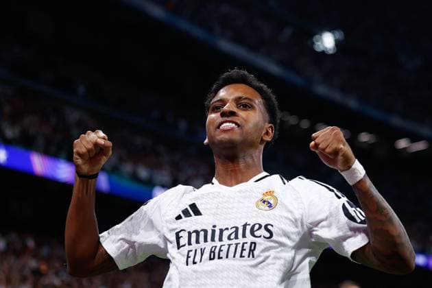 October 22, 2024, Madrid, Madrid, SPAIN: Rodrygo Goes of Real Madrid celebrates a goal of Lucas Vazquez of Real Madrid during the UEFA Champions League 2024 25 League Phase MD3 match between Real Madrid CF and Borussia Dortmund at Estadio Santiago Bernabeu on October 22, 2024, in Madrid, Spain. Madrid SPAIN - ZUMAa181 20241022_zaa_a181_260 Copyright: xDennisxAgyemanx