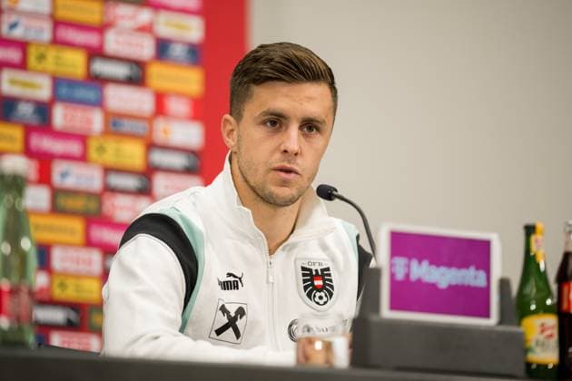 SOCCER - NL, KAZ vs AUT, preview VIENNA,AUSTRIA,13.NOV.24 - SOCCER - UEFA Nations League, OEFB international match, Länderspiel, Nationalmannschaft Kazakhstan vs Austria, preview, press conference, PK, Pressekonferenz Team AUT. Image shows Christoph Baumgartner (AUT). GEPAxpictures xJohannesxFriedl