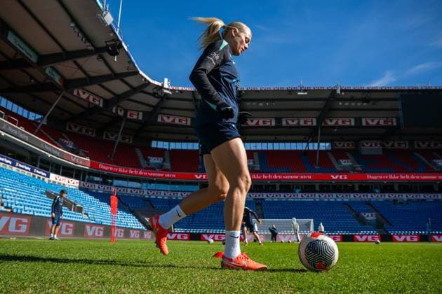 250402 Guro Bergsvand of the Norwegian women s national football team during a training session on April 2, 2025 in Oslo. Photo: Vegard Grott BILDBYRAN kod VG VG0738 bbeng fotboll football soccer fotball norge norway women dam nations league träning practice training trening Copyright: VEGARDxGRoTT BB250402VG009