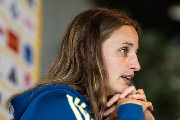 250624 Nathalie Björn of the Swedish women s national football team during a press event on June 24, 2025 in Ahus. Photo: Mathias Bergeld BILDBYRAN kod MB MB1151 fotboll football soccer fotball pressträff event meeting sverige sweden dam bbeng women kvinner Copyright: MATHIASxBERGELD BB250624MB095