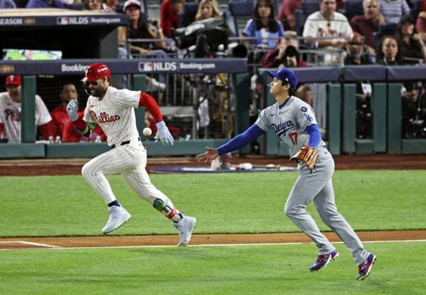 Baseball: Division Series between Dodgers and Phillies Philadelphia Phillies first baseman Bryce Harper grounds out against Los Angeles Dodgers two-way player Shohei Ohtani in the first inning of Game 1 of the Division Series at Citizens Bank Park in Philadelphia on Oct. 4, 2025. A14AA0004911442P