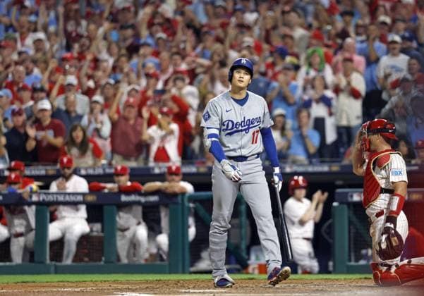 Baseball: Division Series between Dodgers and Phillies Los Angeles Dodgers two-way player Shohei Ohtani is called out on strikes in the third inning of Game 1 of the Division Series against the Philadelphia Phillies at Citizens Bank Park in Philadelphia on Oct. 4, 2025. A14AA0004911443P