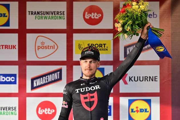 Italy s Matteo Trentin of Tudor Pro Cycling Team celebrates his third place on the podium of the 78th edition of the men elite race of the Kuurne-Brussels-Kuurne one day cycling race, 195 km from Kuurne to Kuurne via Brussels, Sunday 01 March 2026. DIRKxWAEM x166108520x