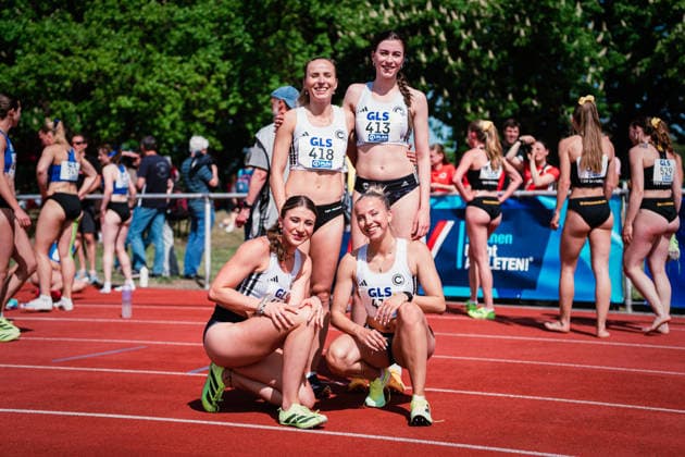 DM: Langstaffeln Celle, 03.05.2026 SCC Berlin wird deutsche Meisterinnen der 4x400m, 415, Lena LEEGE, 418, Michelle JANIAK, 419, Nadine REETZ, 413, Jasmin BRAYSHAW ; Leichtathletik, Deutsche Meisterschaften, Langstaffeln, Celle am 03.05.2026 im Otto-Schade-Stadion, Celle Copyright: xBEAUTIFULxSPORTS Tonhäuserx