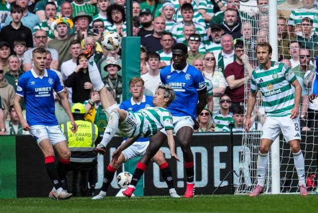 Daizen Maeda of Celtic scores with an overhead kick to give Celtic a 3-1 lead. Celtic v Rangers, William Hill Scottish Premiership, Football, Celtic Park, Glasgow, Scotland, UK - 10 May 2026Glasgow Celtic Park United Kingdom EDITORIAL USE ONLY No use with unauthorised audio, video, data, fixture lists, club league logos or live services. Online in-match use limited to 120 images, no video emulation. No use in betting, games or single club league player publications. Copyright: xStuartxWallace Shutterstockx 16861732w